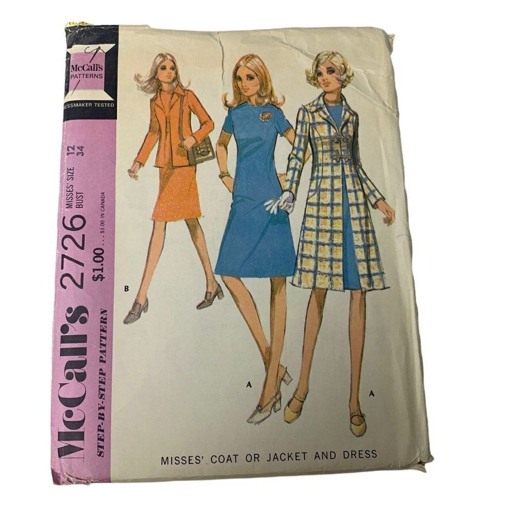 Vintage 70s McCalls 2726 Pattern Misses 10-18 Coat Jacket Dess Uncut